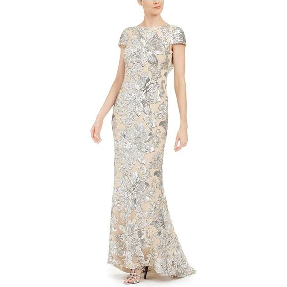 Calvin Klein Gown Women 14 NWT Cap-Sleeve Sequin Dress Floor Length Floral - Picture 1 of 16